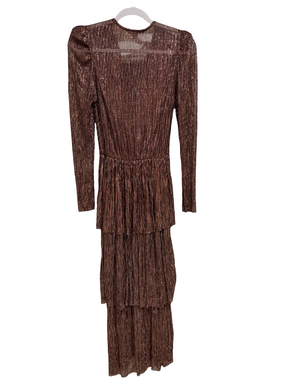 โจ Sabina Musayev Carry Metallic Pleated Tiered Maxi Dress Bronze Size Medium - Picture 13 of 16